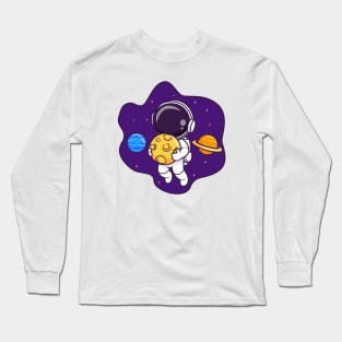 Cute Astronaut Floating In Space With Planet And Holding  Moon Cartoon Long Sleeve T-Shirt